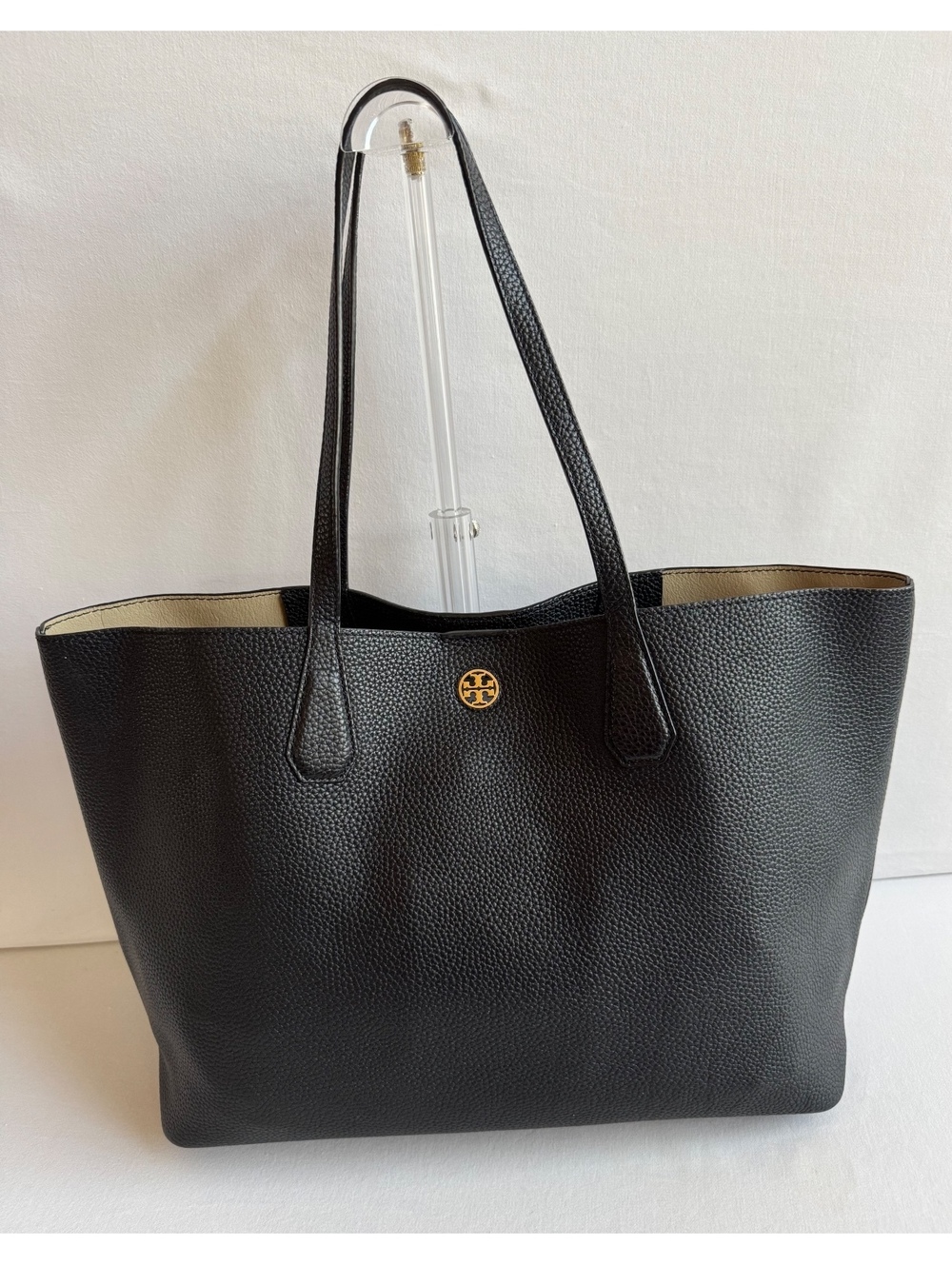 Tory Burch Amanda Easy Leather Tote Black Pebbled Leather Gold Double-T
